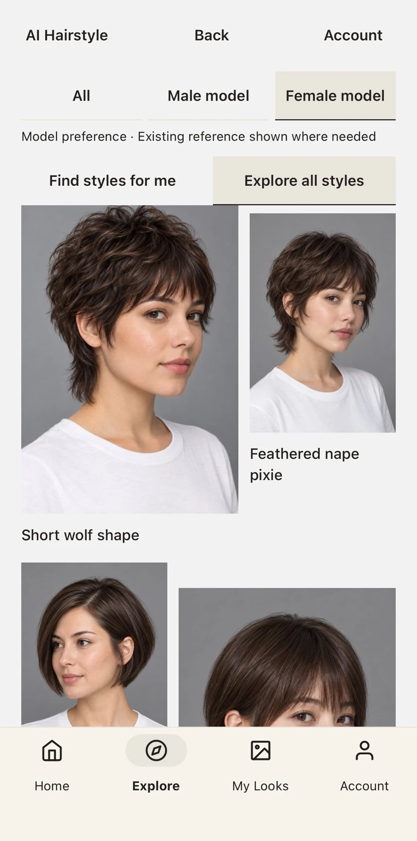 Explore catalog with Female model selected, showing Short wolf shape and Feathered nape pixie styles.