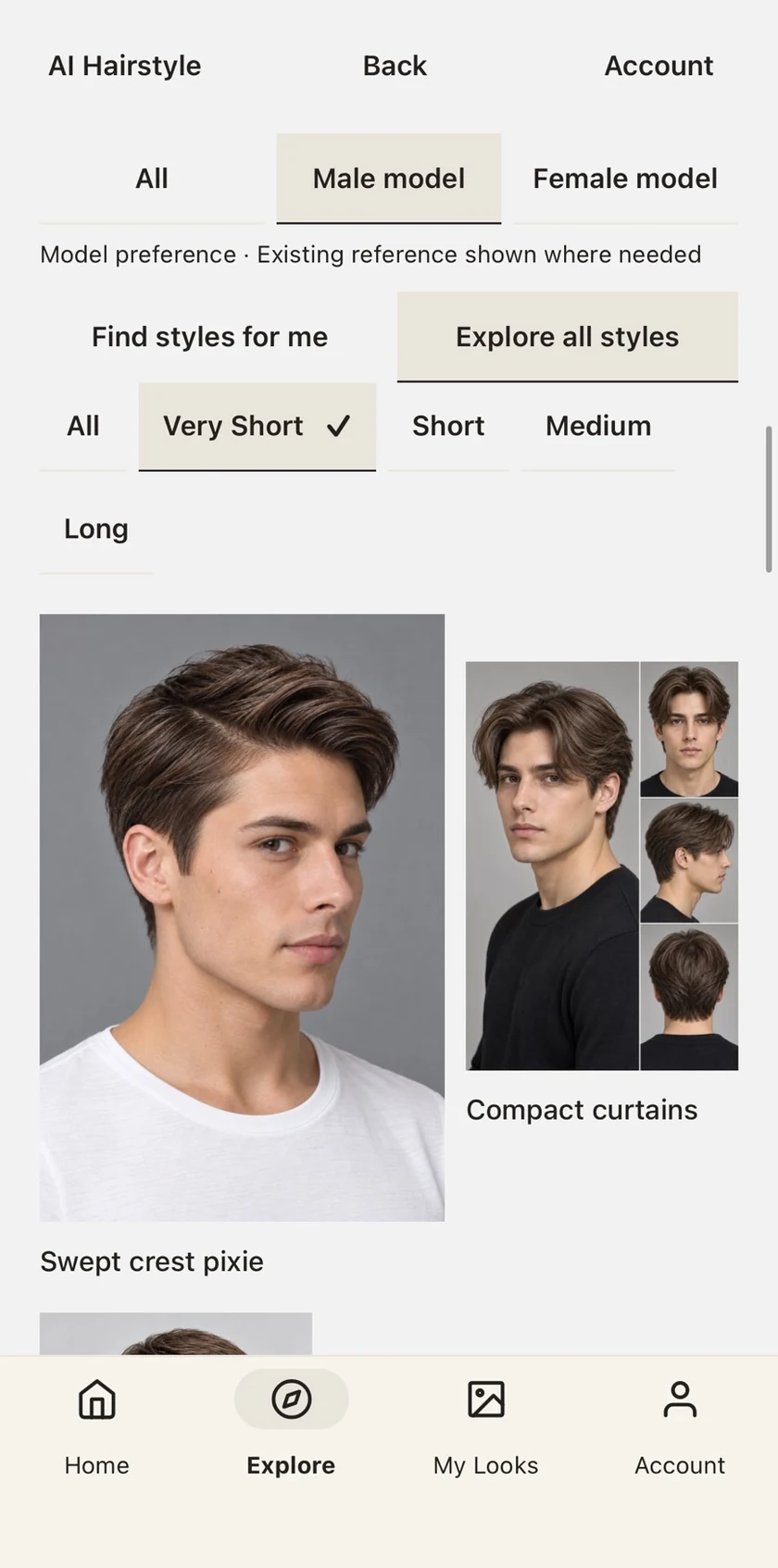 Explore catalog with Male model selected, hair-length filters, Swept crest pixie and Compact curtains styles.
