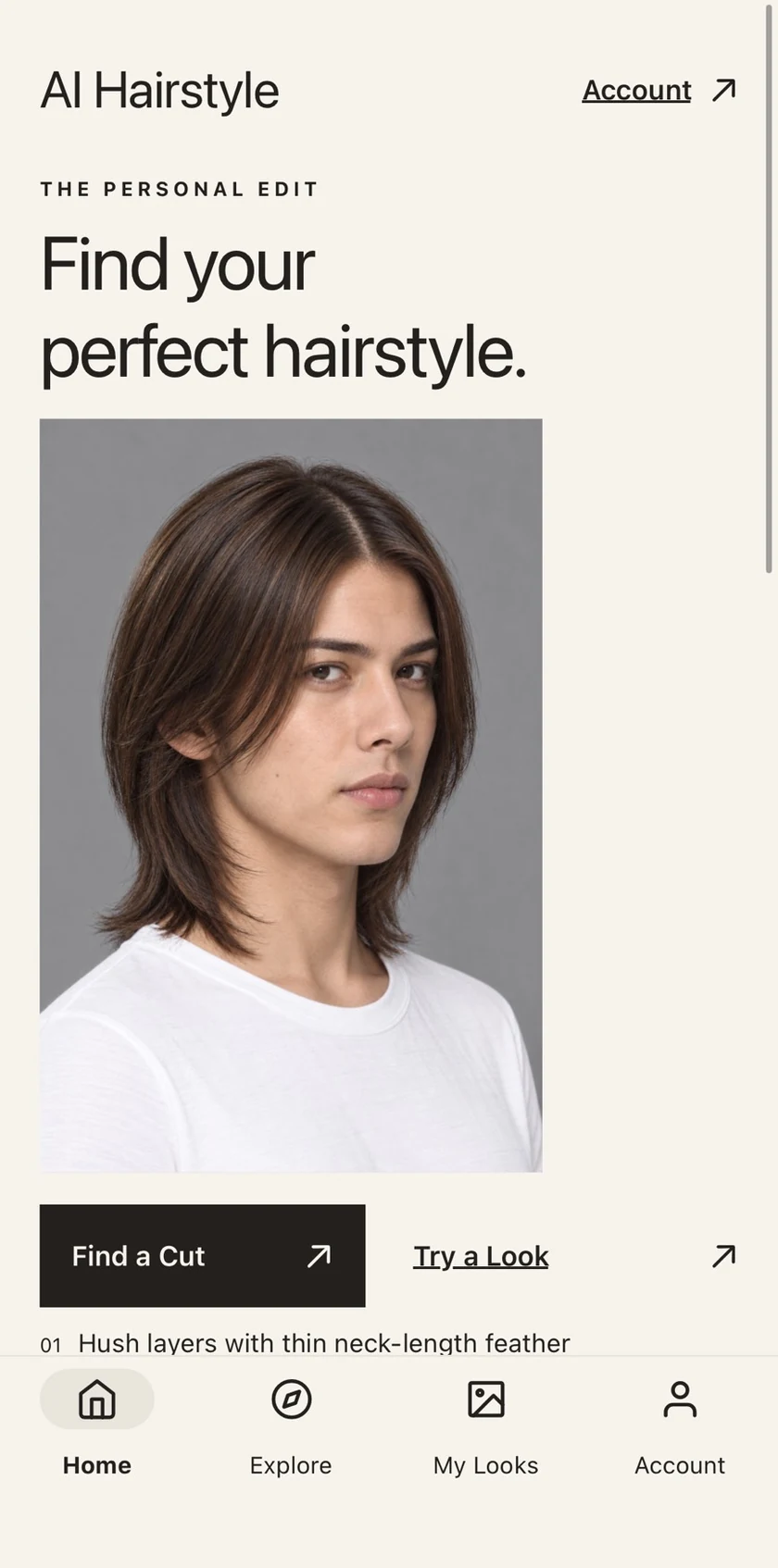 AI Hairstyle Home screen with Find your perfect hairstyle, a hairstyle image, and Find a Cut and Try a Look options.