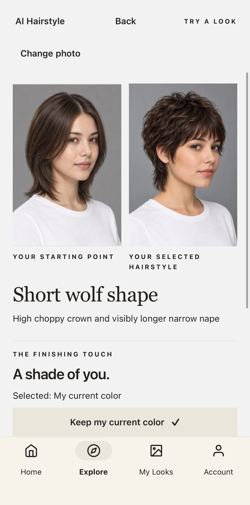 Try a Look screen showing Your starting point beside Your selected hairstyle, Short wolf shape, and the Keep my current color option.